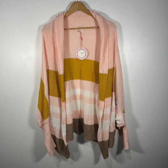 Umgee USA Pink Mustard White Brown Stripe Knit Bat Wing Cardigan Sweater M/L - Picture 1 of 12